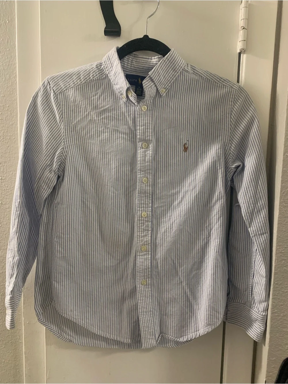 Polo Ralph Lauren Boys Button Down Shirt Blue White Stripe Cotton Size M 10-12